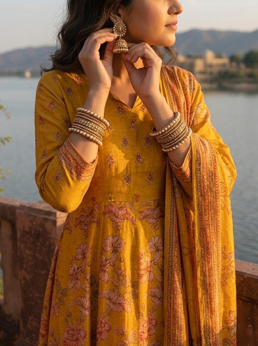 Mustard Cotton Floral Jaal With Jharokha Border Printed Three Piece Set
