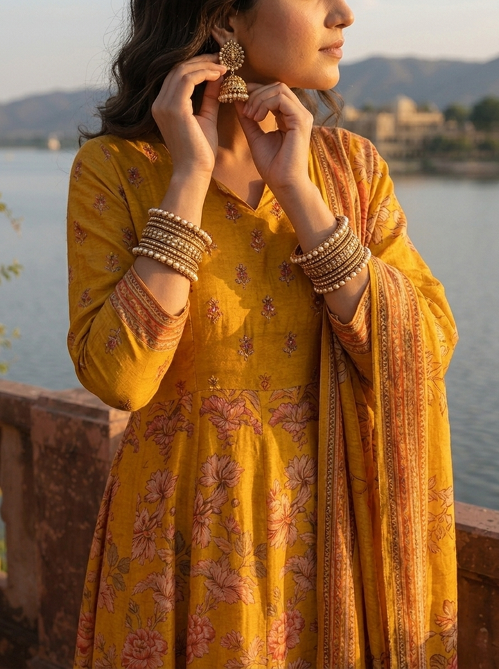 Mustard Cotton Floral Jaal With Jharokha Border Printed Three Piece Set