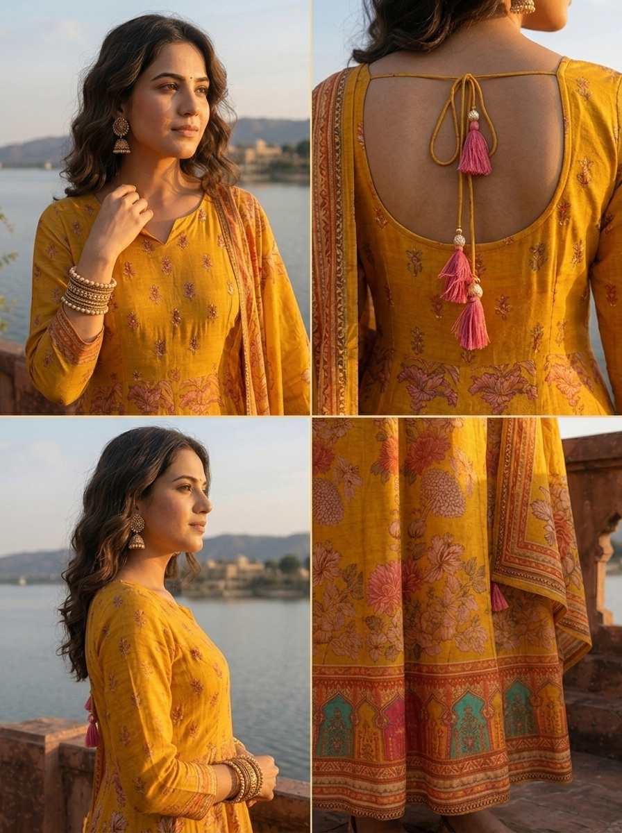 Mustard Cotton Floral Jaal With Jharokha Border Printed Three Piece Set