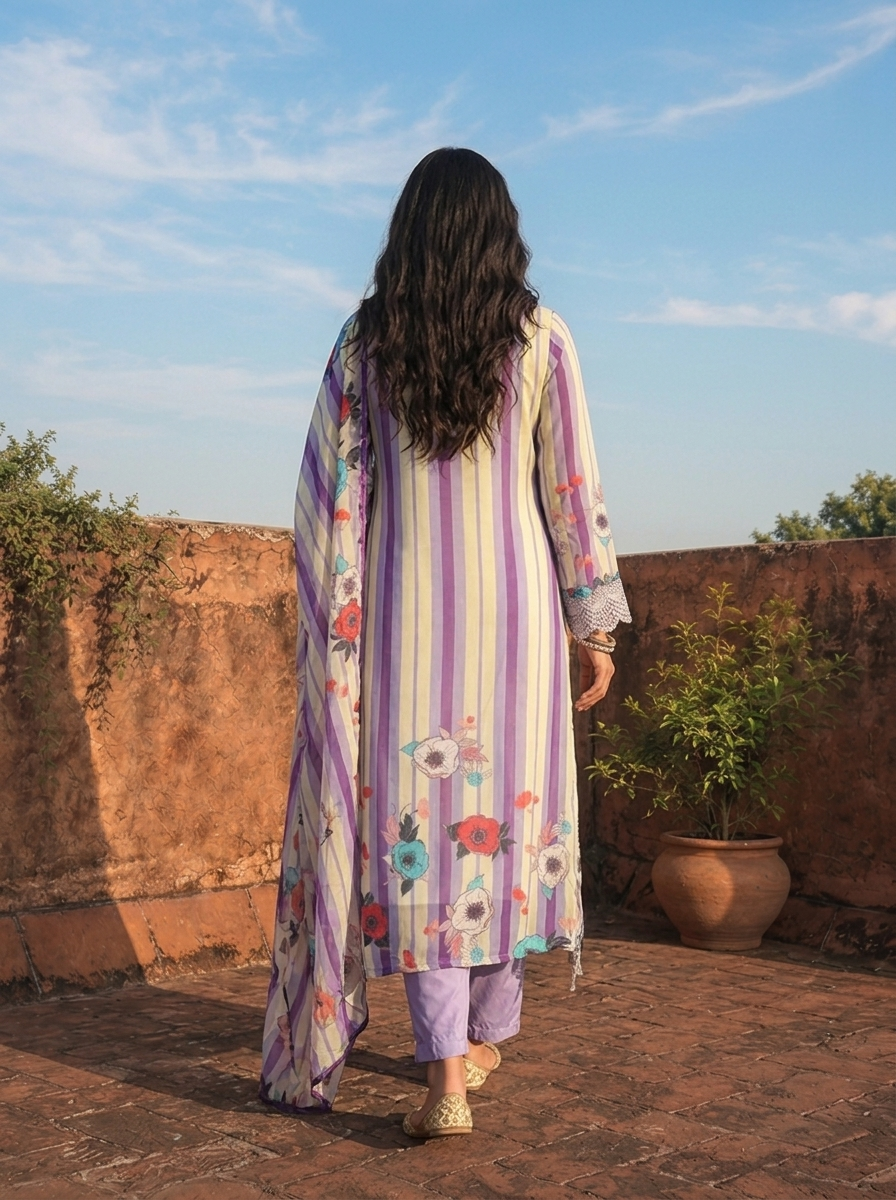 Lavender Organza Stripe With Floral Printed Three Piece Set
