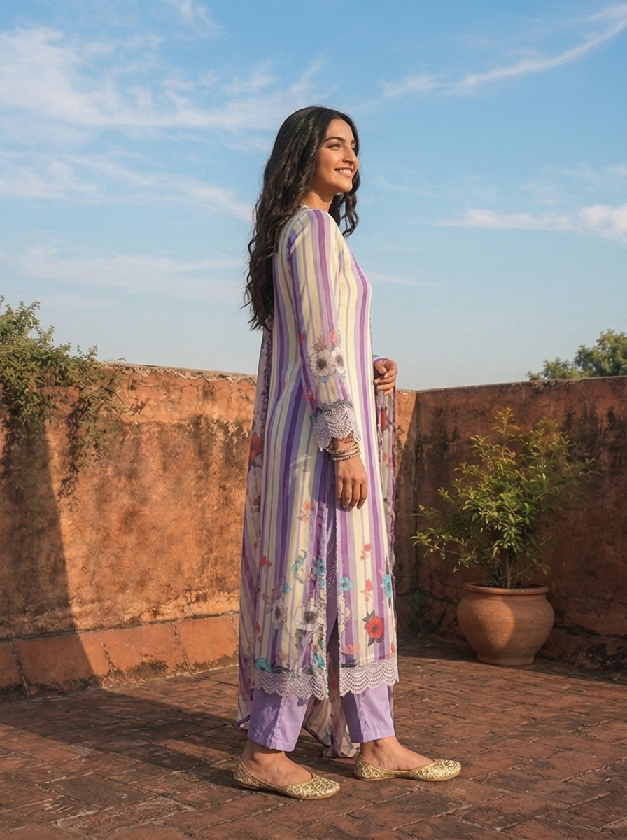 Lavender Organza Stripe With Floral Printed Three Piece Set