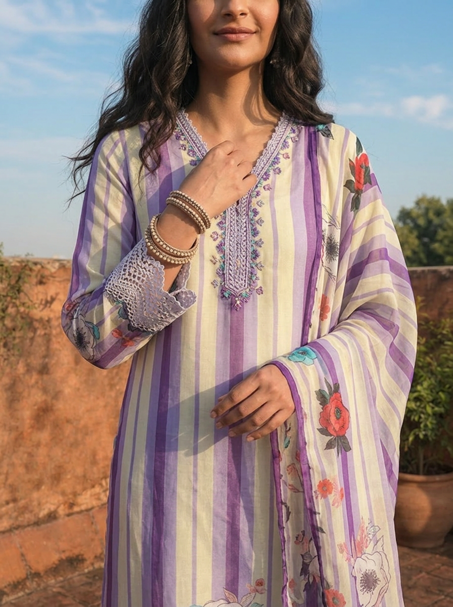 Lavender Organza Stripe With Floral Printed Three Piece Set