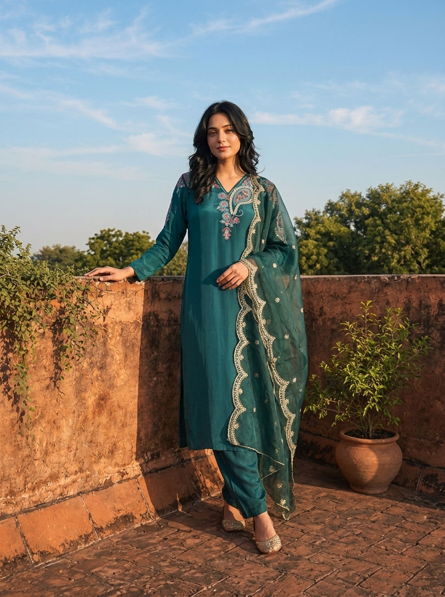 Peacock Crepe Zari Paisley Embroidered Three Piece Set