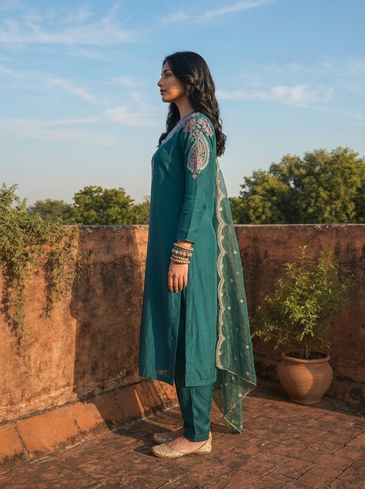 Peacock Crepe Zari Paisley Embroidered Three Piece Set