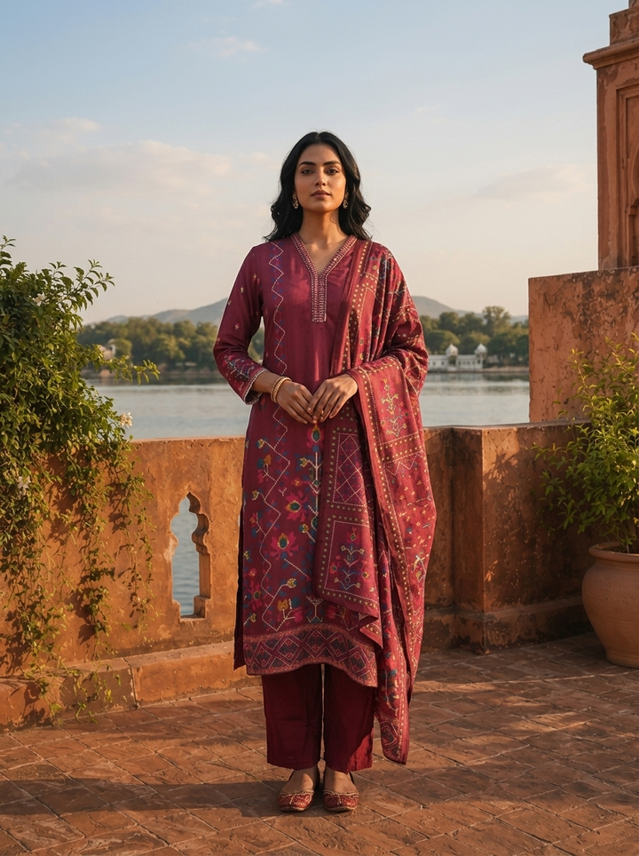Wine Cotton Digital Geometric Jaal Printed Three Piece Set