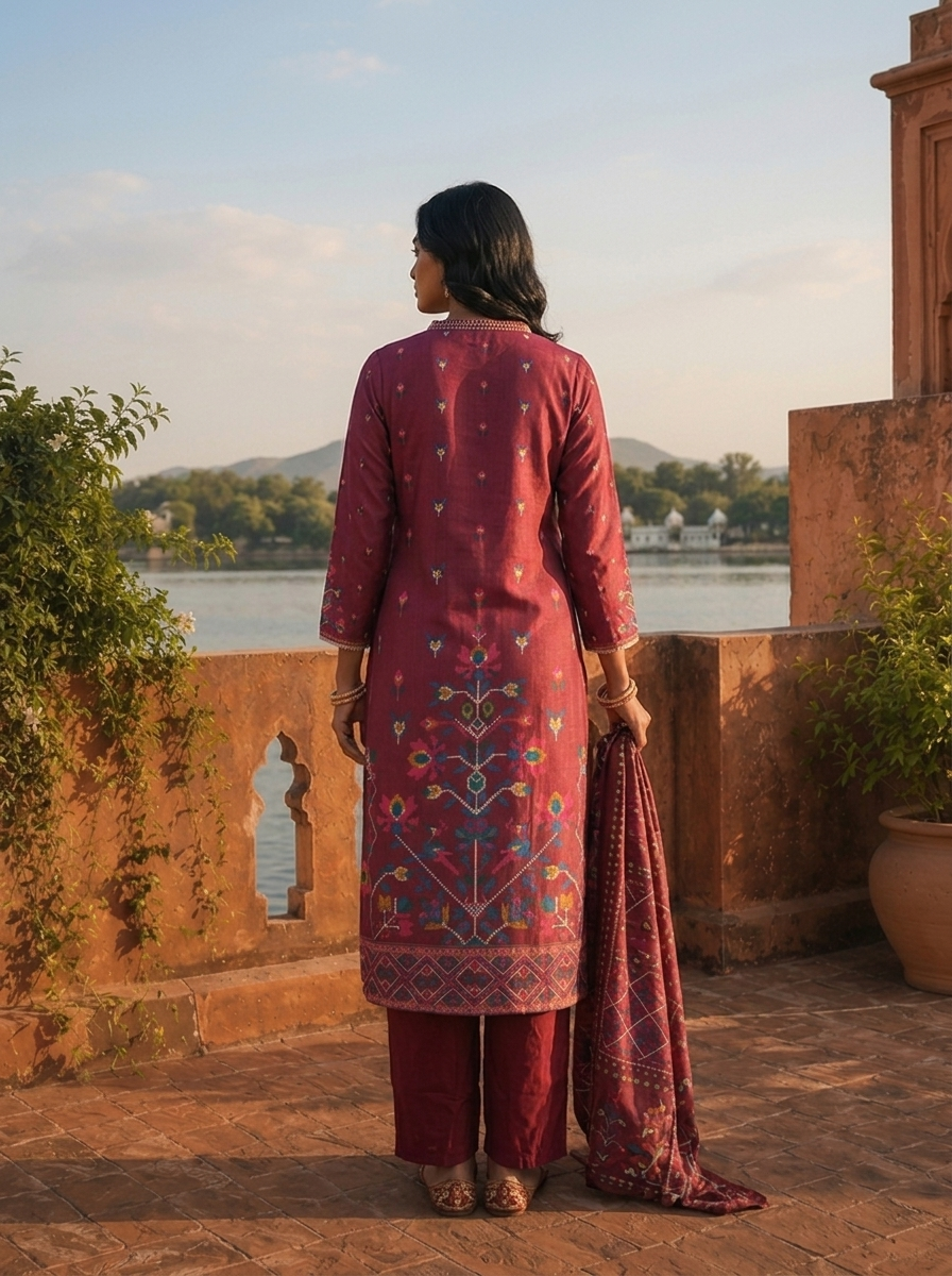 Wine Cotton Digital Geometric Jaal Printed Three Piece Set