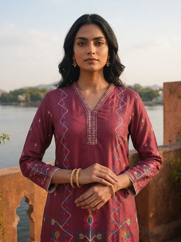 Wine Cotton Digital Geometric Jaal Printed Three Piece Set