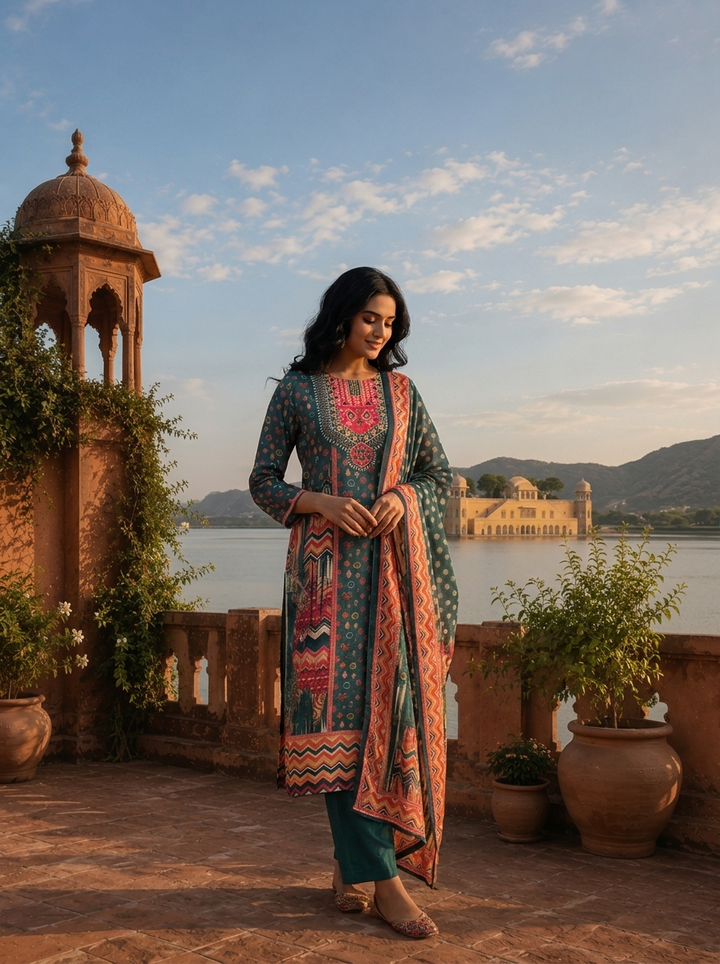 Green Silk Tribal Chevron Printed Three Piece Set