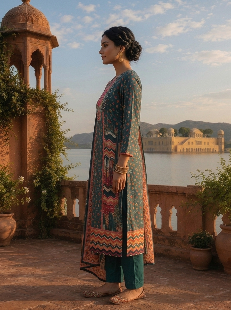 Green Silk Tribal Chevron Printed Three Piece Set