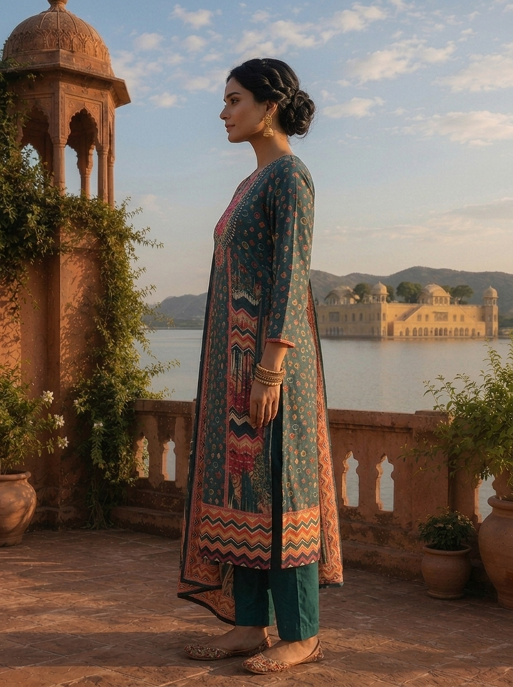 Green Silk Tribal Chevron Printed Three Piece Set