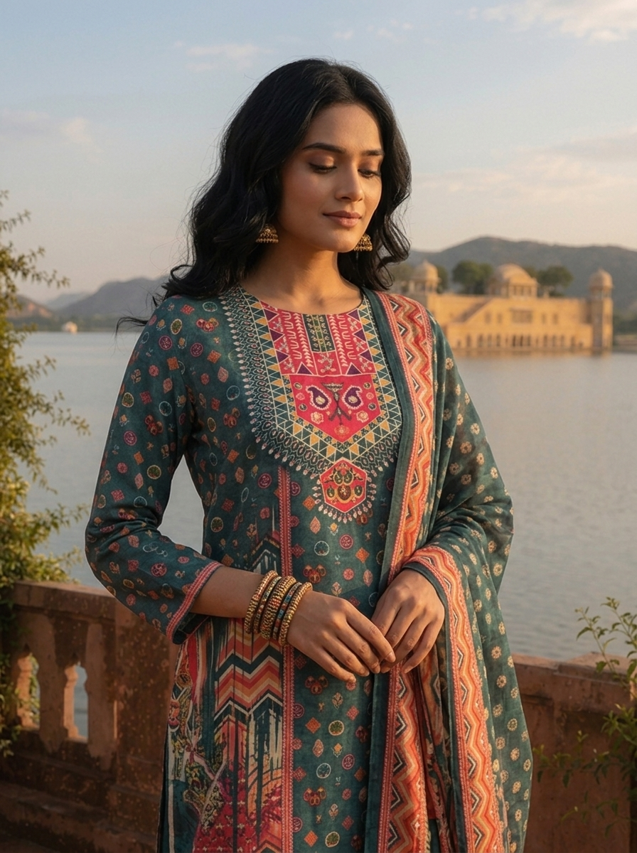 Green Silk Tribal Chevron Printed Three Piece Set