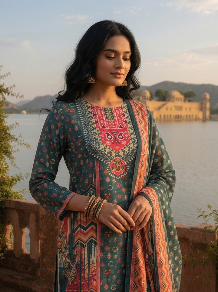 Green Silk Tribal Chevron Printed Three Piece Set