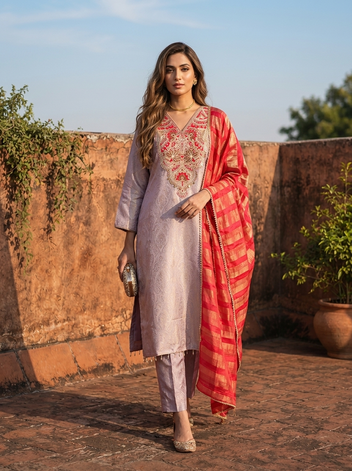 Lavender Silk Self Jacquard Embroidered Three Piece Set