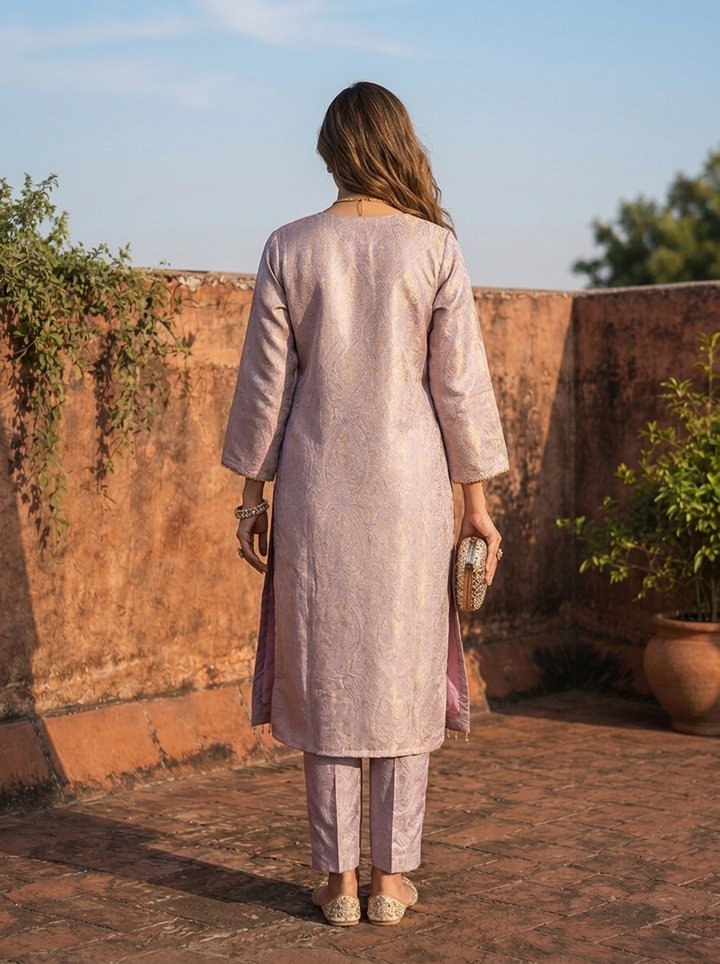 Lavender Silk Self Jacquard Embroidered Three Piece Set