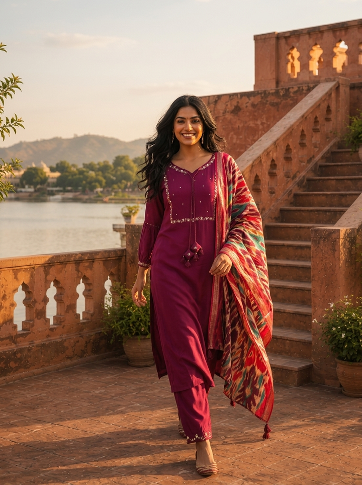 Wine Rayon Solid With Embroidered Three Piece Set