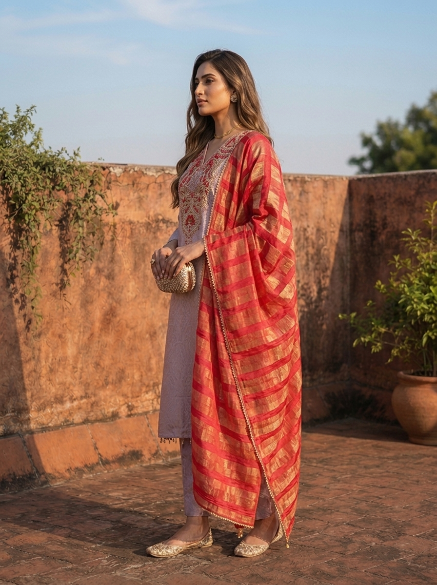 Lavender Silk Self Jacquard Embroidered Three Piece Set