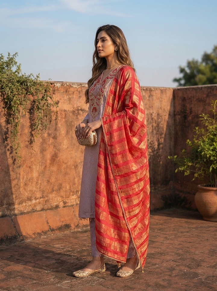 Lavender Silk Self Jacquard Embroidered Three Piece Set