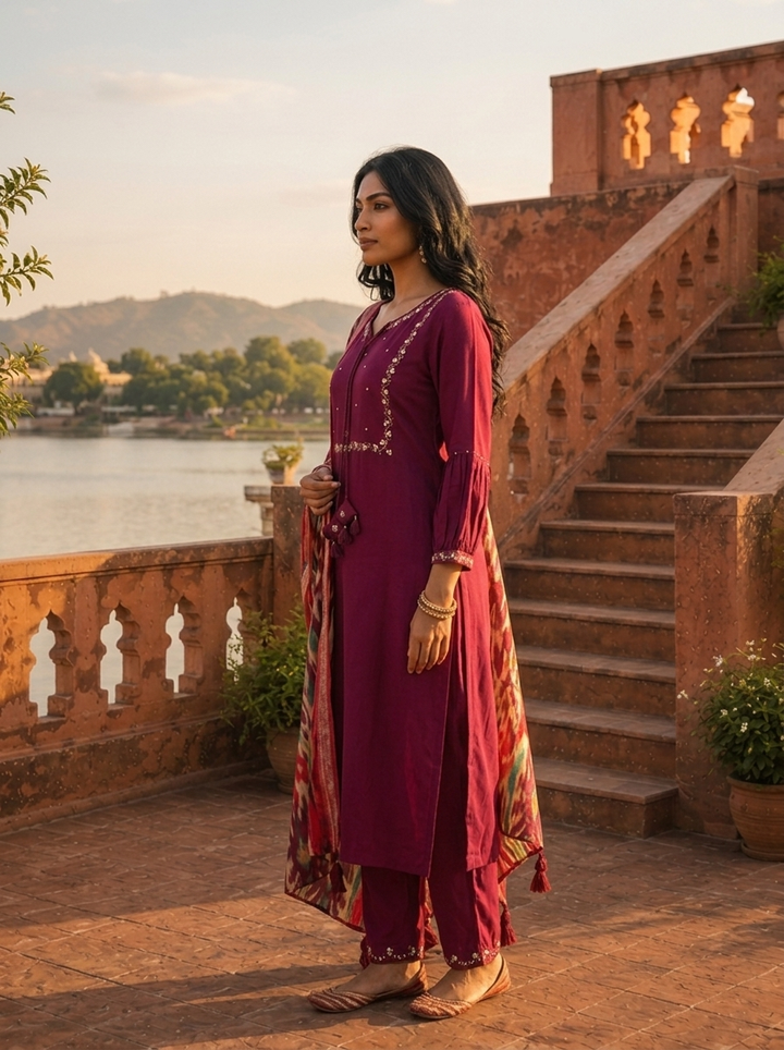 Wine Rayon Solid With Embroidered Three Piece Set