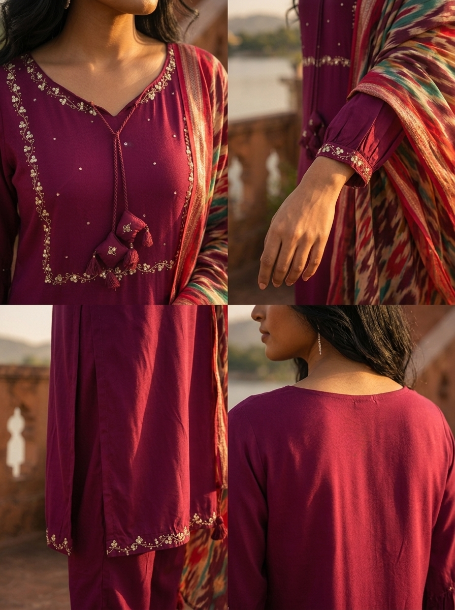 Wine Rayon Solid With Embroidered Three Piece Set