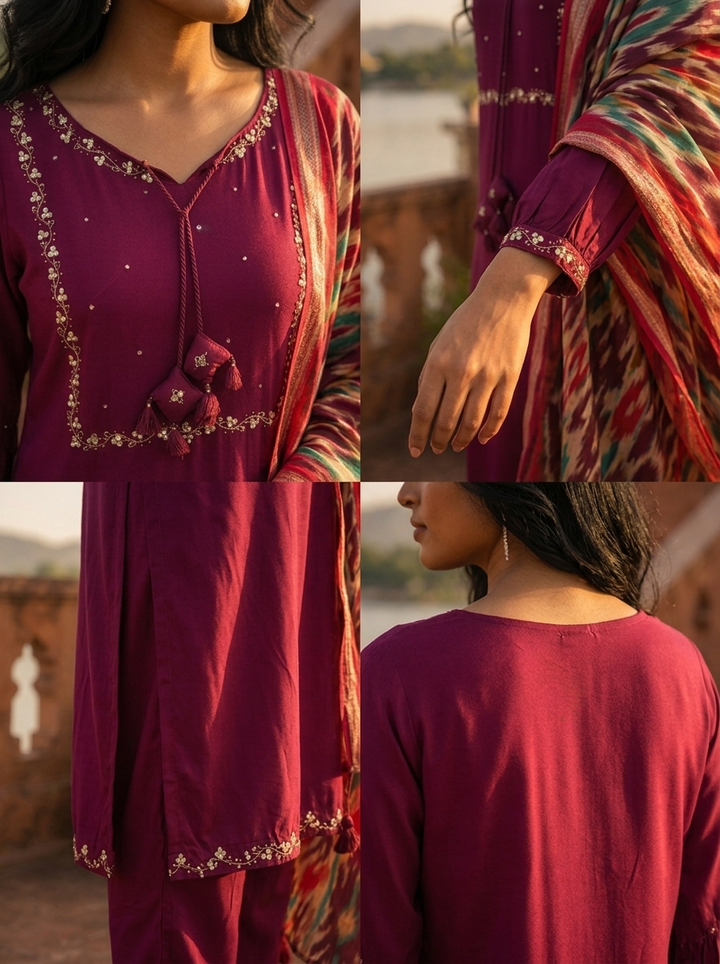 Wine Rayon Solid With Embroidered Three Piece Set