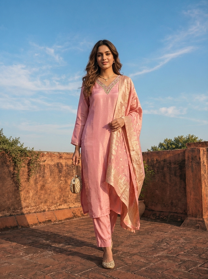 Rose Pink Tissue Solid With Embroidered Three Piece Set