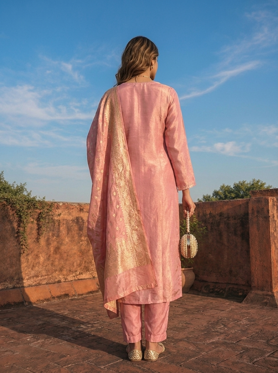 Rose Pink Tissue Solid With Embroidered Three Piece Set