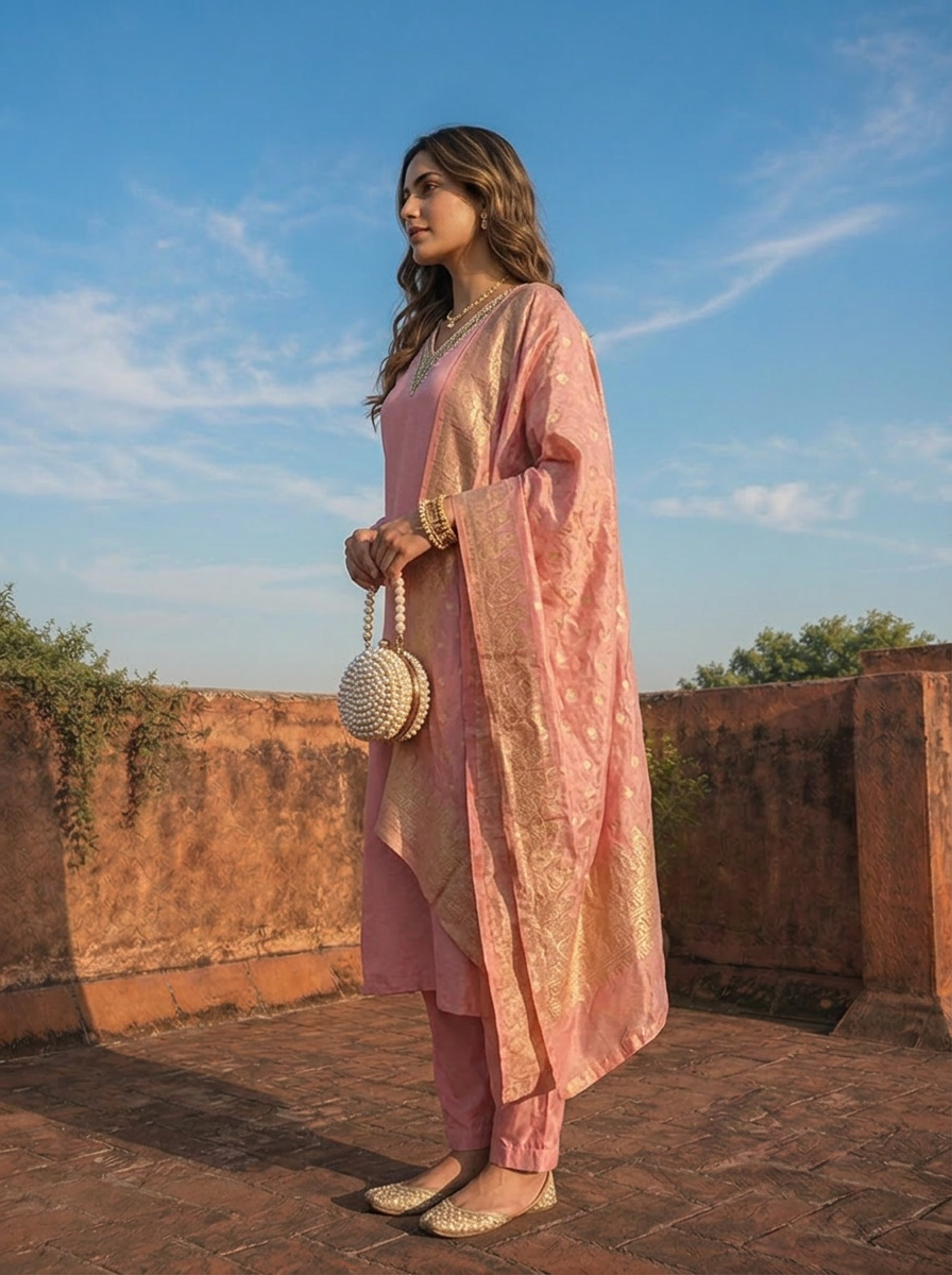 Rose Pink Tissue Solid With Embroidered Three Piece Set