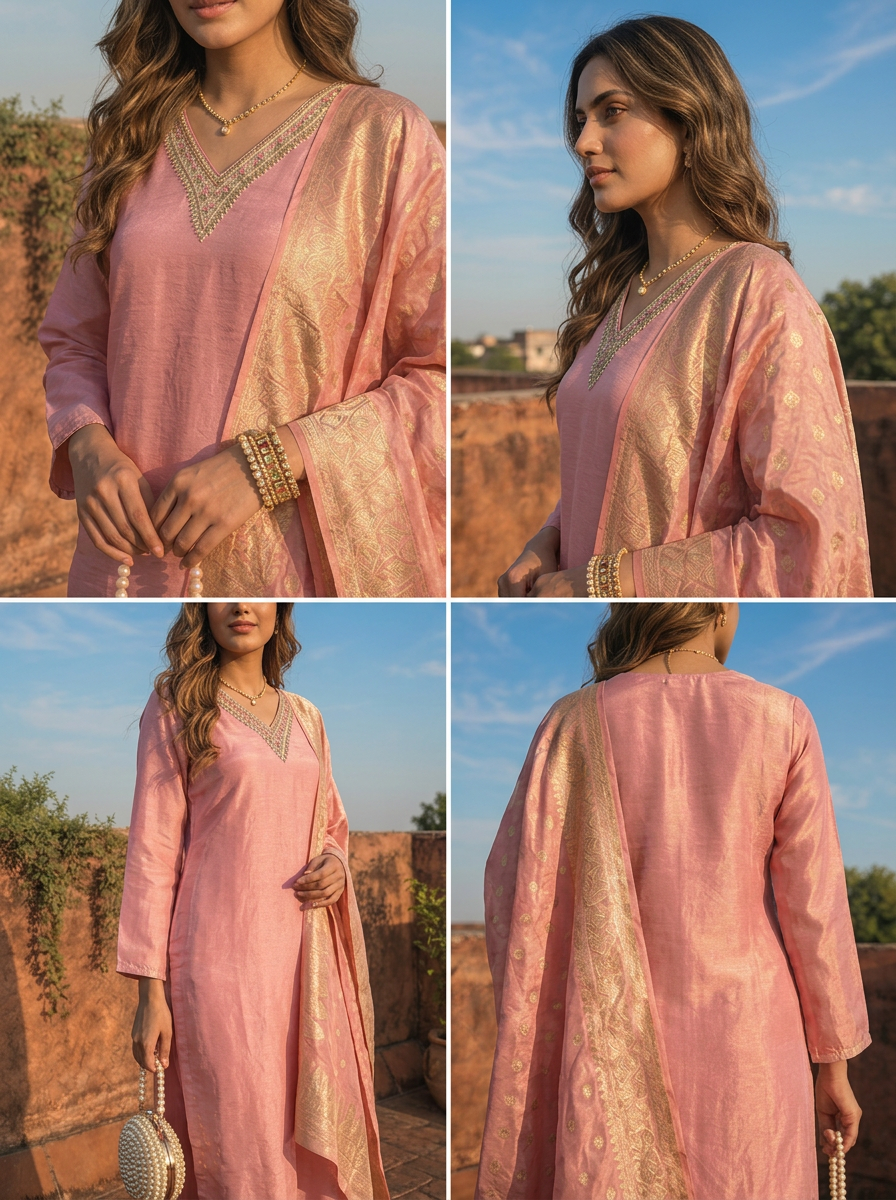 Rose Pink Tissue Solid With Embroidered Three Piece Set