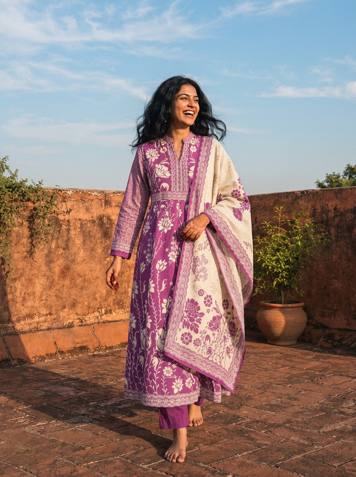 Purple Cotton Floral Jaal Block Printed Three Piece Set