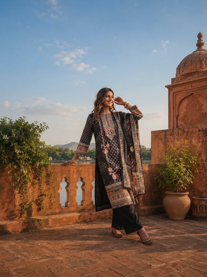 Black Silk Floral Ajrakh Printed Three Piece Set