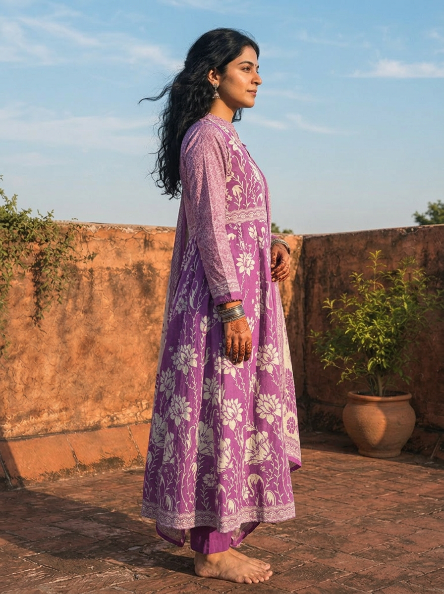 Purple Cotton Floral Jaal Block Printed Three Piece Set