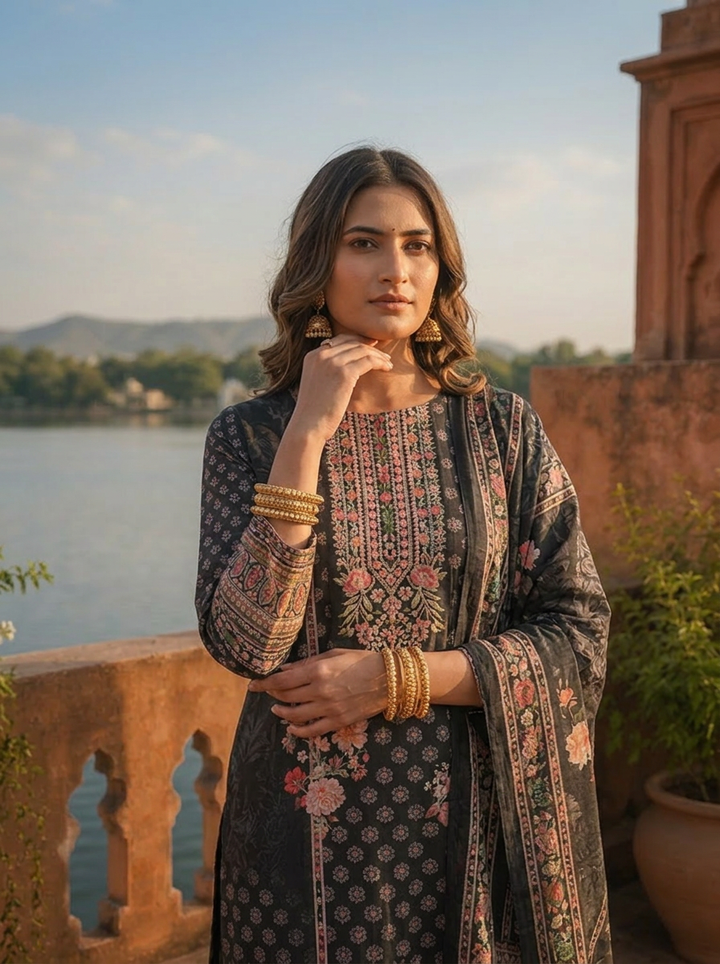 Black Silk Floral Ajrakh Printed Three Piece Set