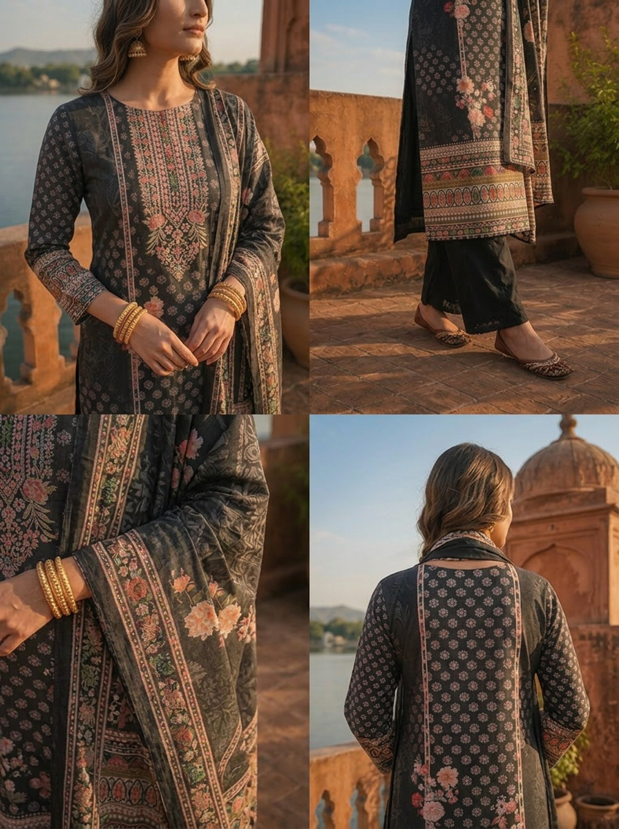 Black Silk Floral Ajrakh Printed Three Piece Set