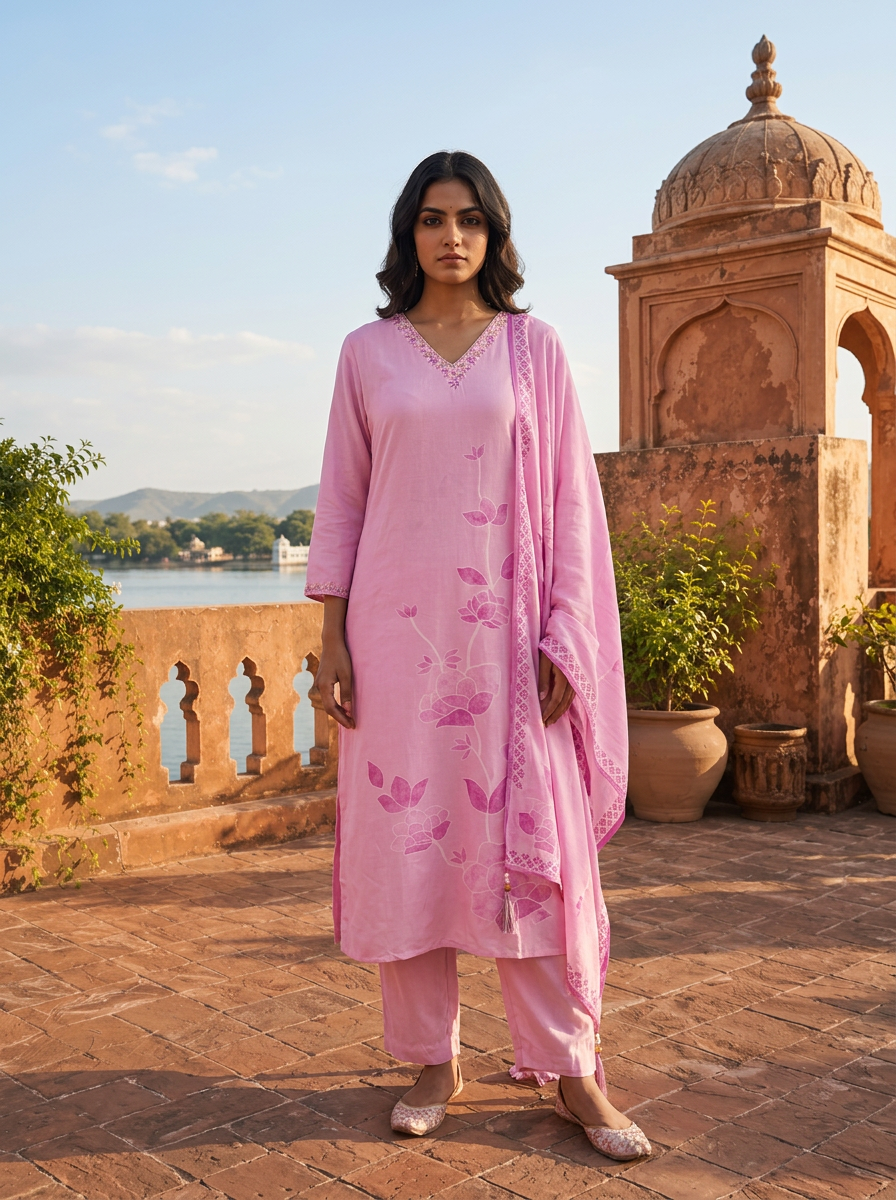 Lilac Silk Tone-On-Tone Lotus Block Printed Three Piece Set