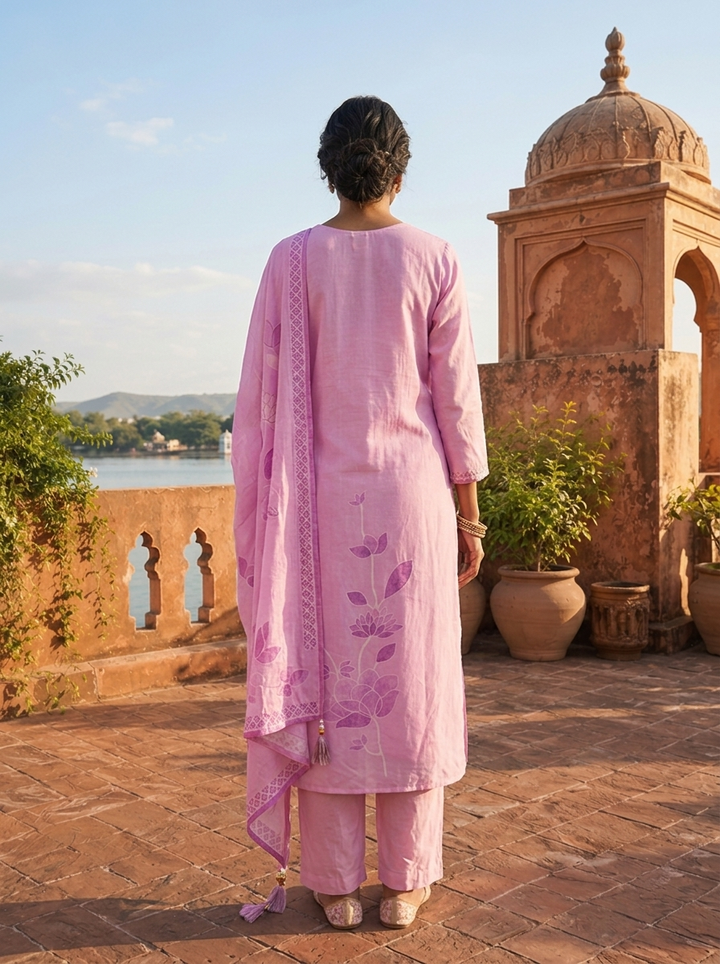Lilac Silk Tone-On-Tone Lotus Block Printed Three Piece Set