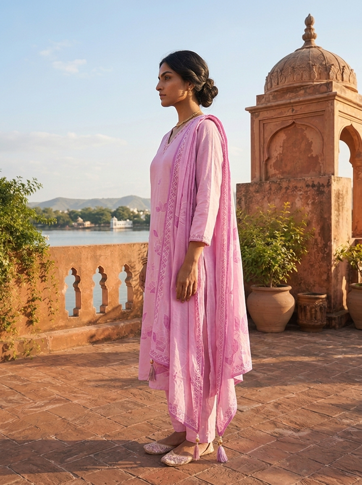 Lilac Silk Tone-On-Tone Lotus Block Printed Three Piece Set