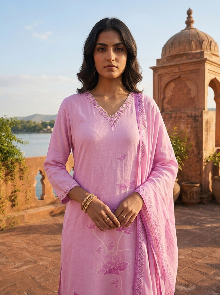 Lilac Silk Tone-On-Tone Lotus Block Printed Three Piece Set