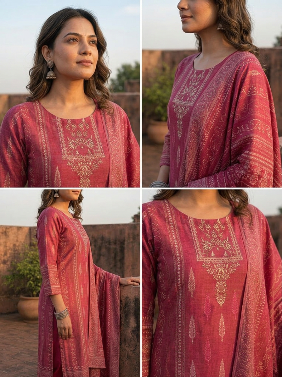 Wine Silk Discharge Ethnic Motifs Printed Three Piece Set