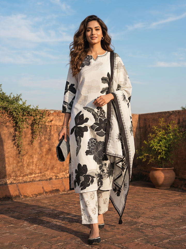 Off White Rayon Digital Abstract Floral Printed Three Piece Set