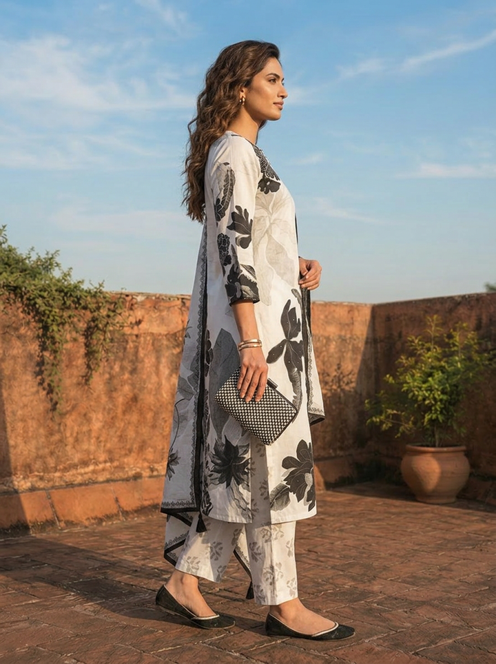 Off White Rayon Digital Abstract Floral Printed Three Piece Set
