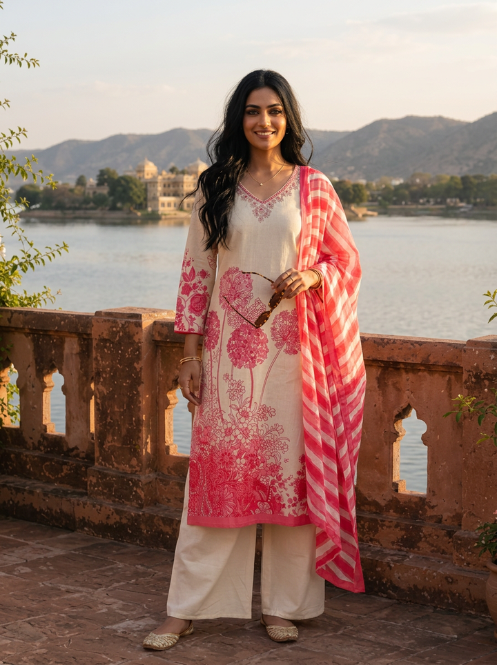 Pink Cotton Dandelion Motif Printed Three Piece Set
