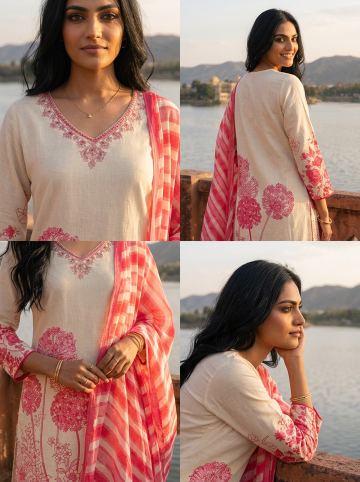 Pink Cotton Dandelion Motif Printed Three Piece Set