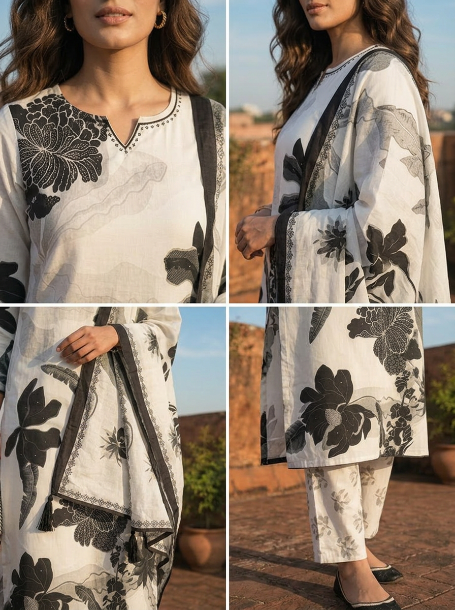 Off White Rayon Digital Abstract Floral Printed Three Piece Set
