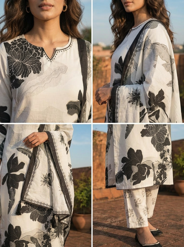 Off White Rayon Digital Abstract Floral Printed Three Piece Set
