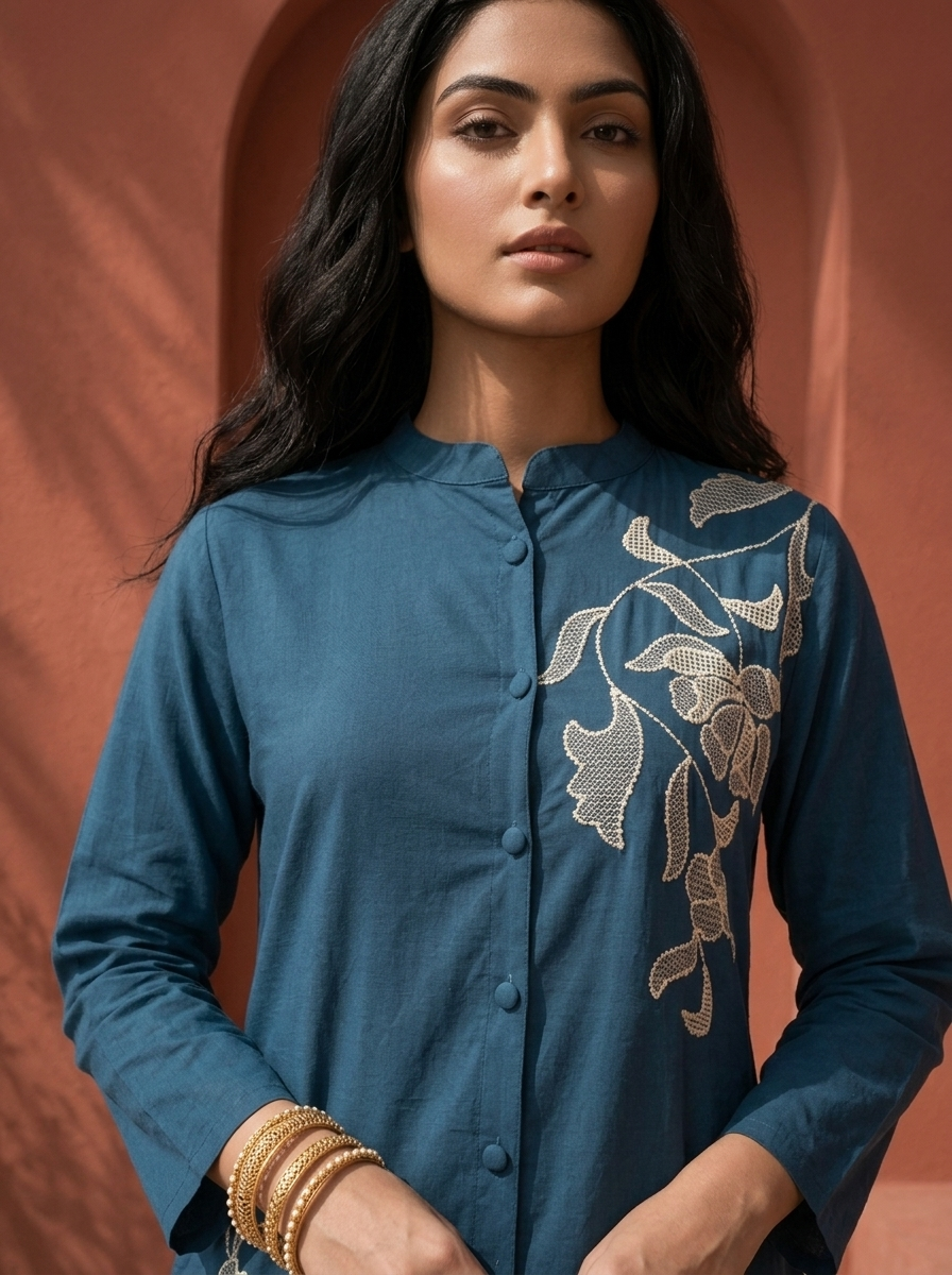 Peacock Cotton Diagonal Floral Embroidered Two Piece Set
