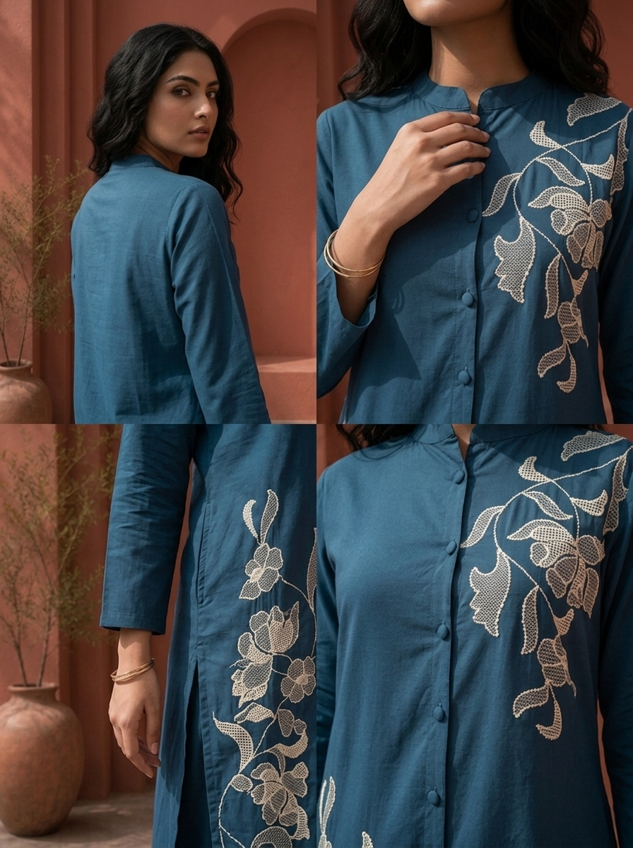 Peacock Cotton Diagonal Floral Embroidered Two Piece Set