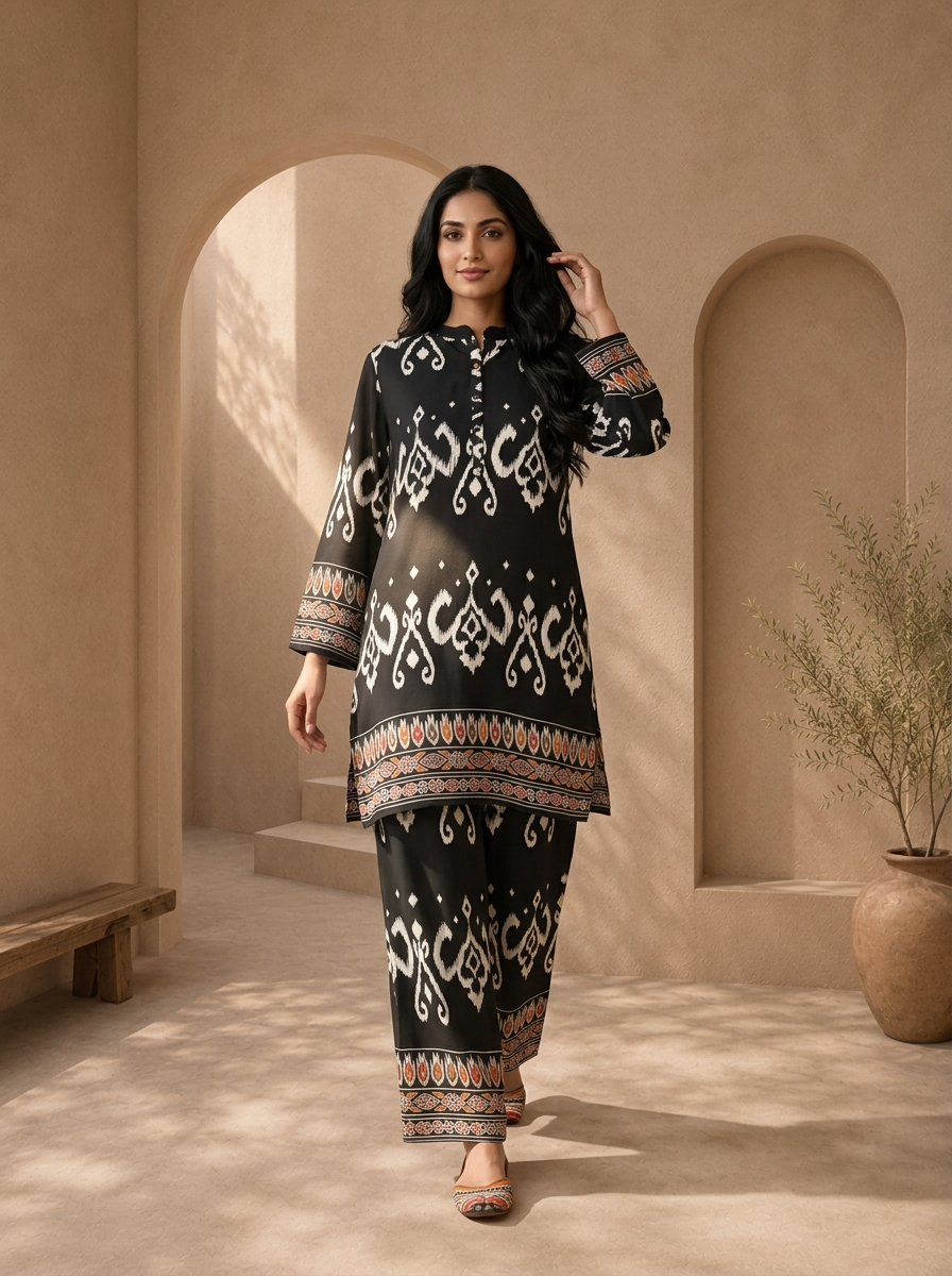 Black Rayon Ikat With Multicolor Tribal Border Printed Two Piece Set