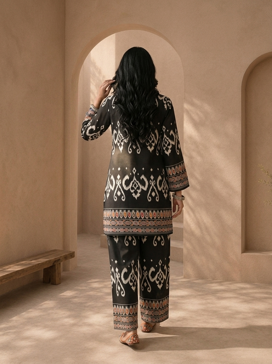 Black Rayon Ikat With Multicolor Tribal Border Printed Two Piece Set