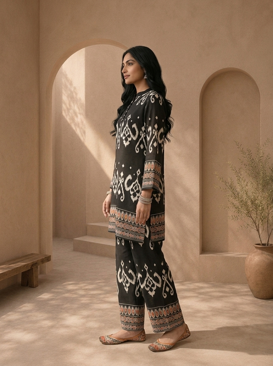 Black Rayon Ikat With Multicolor Tribal Border Printed Two Piece Set