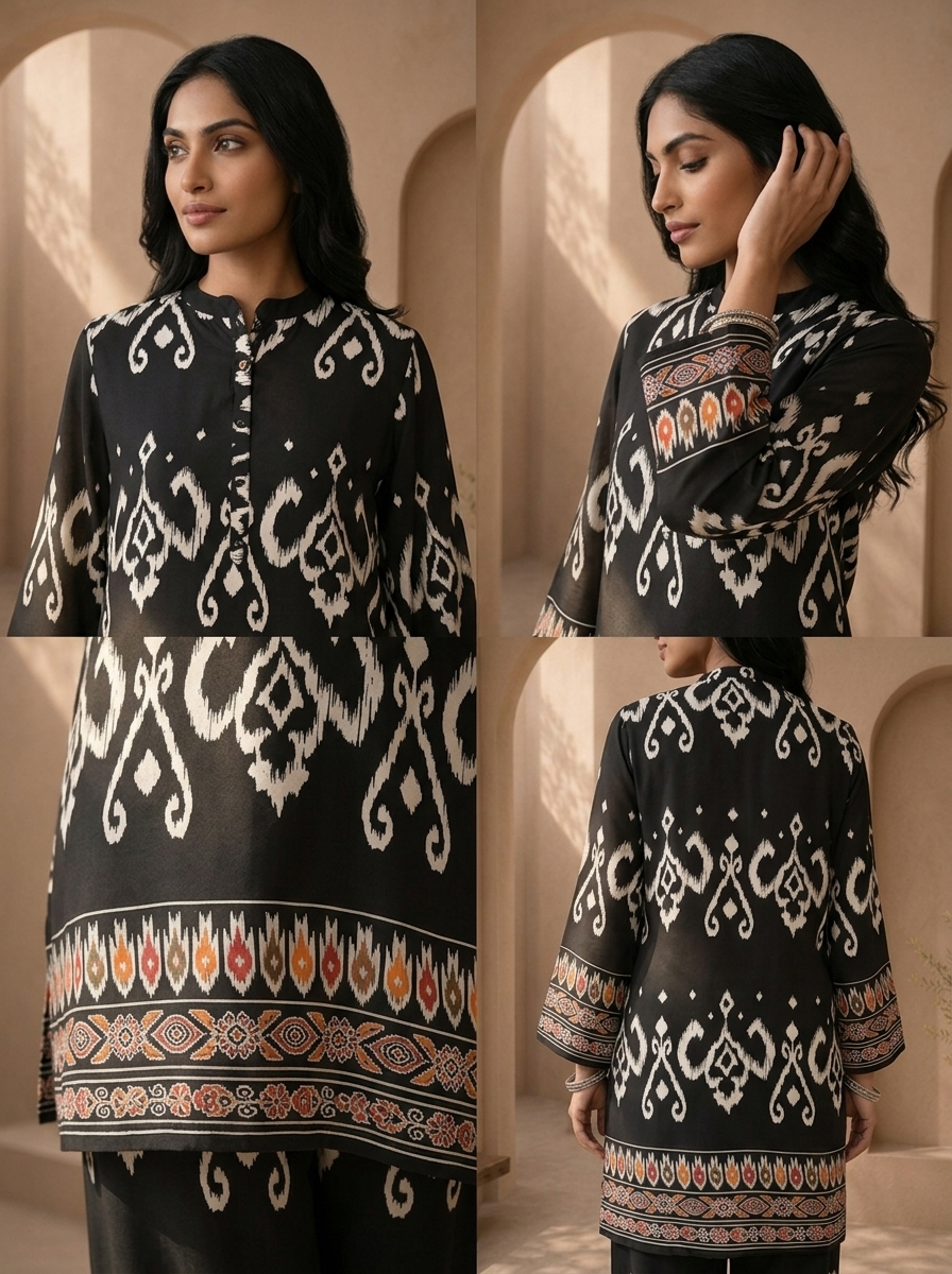 Black Rayon Ikat With Multicolor Tribal Border Printed Two Piece Set